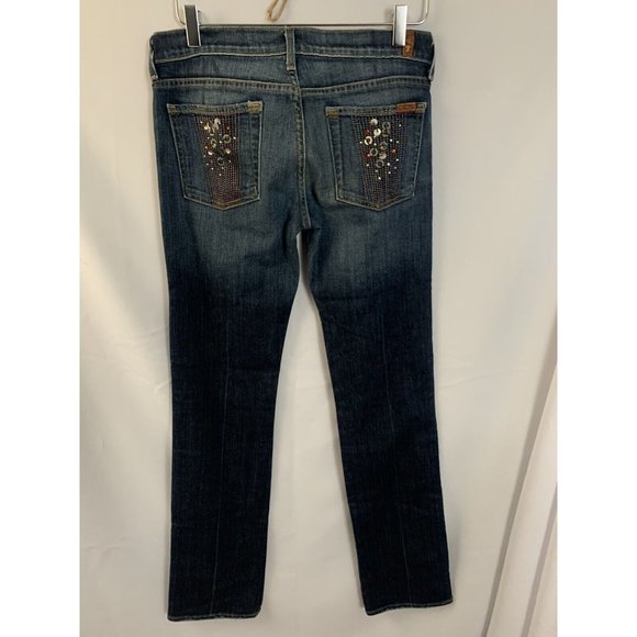 Seven 7 For All Mankind Sz 28 Med Wash Straight Leg Denim Jeans Bedazzled Y2K - Picture 4 of 9